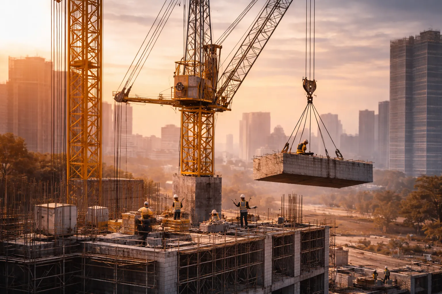 Black and white image of a construction site with cranes and workers, emphasizing urban industrial development.